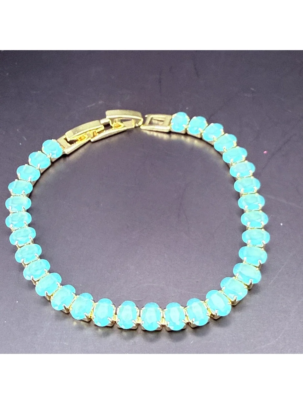candy+clover oval aqua frost crystal gold tone tennis bracelet